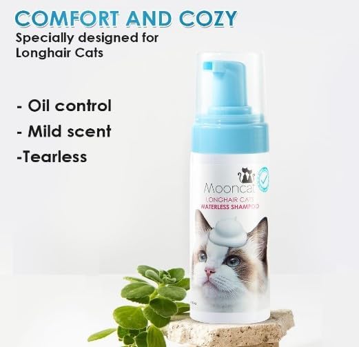 Mooncat Waterless Shampoo & Brush Kit for Longhair Cats | Complete Grooming System for Detangling, Deshedding & Matted Fur | Licking Safe No-Rinse Foam with Gentle Silicone Massager - Made in Taiwan