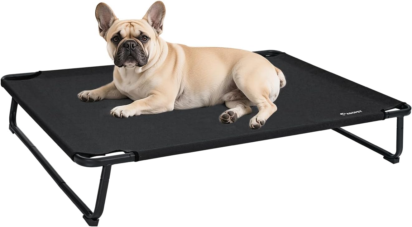 Cooling Elevated Dog Bed, Raised Outdoor Dog Bed Waterproof Pet Beds Cots Stable and Easy Assembly, Teslin Fabric with 1.2mm Thick Iron Frame, Breathable, Ultra-Sturdy,Black,32 * 25.2 * 7.1