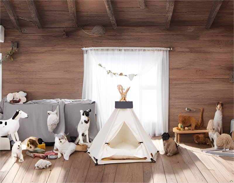 Pet Teepee Dog & Puppy Cat Tents Tipi Bed Portable Houses with Thick Cushion for Pets Up to 15lbs