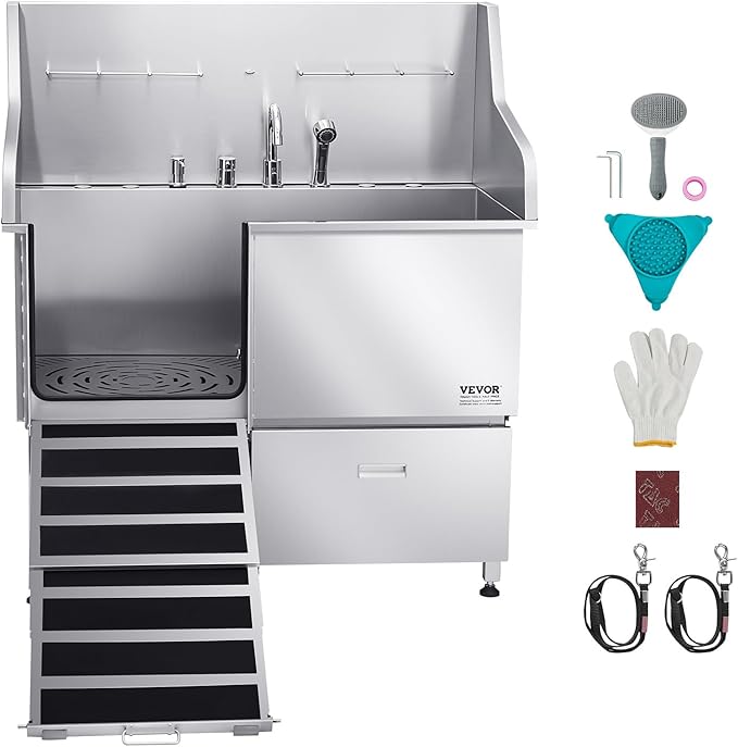 VEVOR Professional 304 Stainless Steel Dog Bathing Station, 50 inch Pet Grooming Tub w/Anti-Slip ramp, Storage Drawer, Cold Hot Faucet Showerhead, for Large & Medium & Small (Left Door, with Drawer)