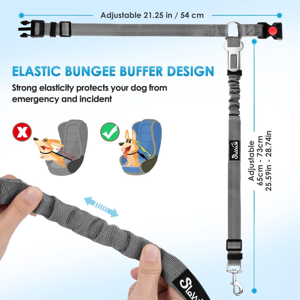 SlowTon Dog Seat Belt for Car, 2 Pack Dog Car Harness Seatbelt Adjustable with Elastic Bungee Buffer, 2 in 1 Pet Car Leash Headrest Restraint Dog Reflective Safety Tether (Grey, Headrest+Clip)