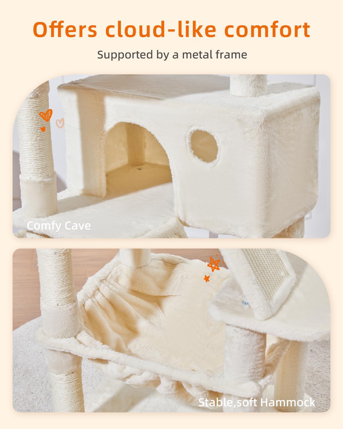 Taoqimiao Cat Tree 57.5-Inch, Cat Tower for Indoor Cats Large Adult, Extra Large Cat Condo, 8 Sisal Scratching Posts, Metal Frame Cozy Hammock, Durable Scratch Board, 2 Top Perches, Beige MS026M