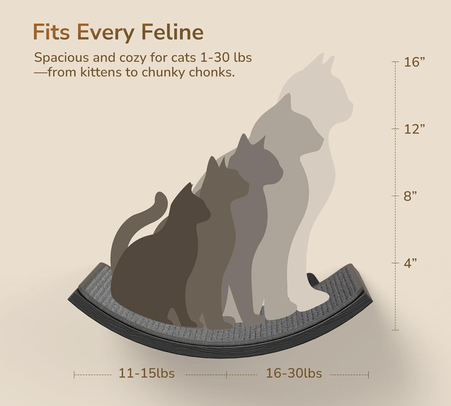 Gray Cat Wall Shelf with Grey Sisal Mat, Curved Cat Bed for Scratching and Resting, Wall Mounted Hammock for Large Cats