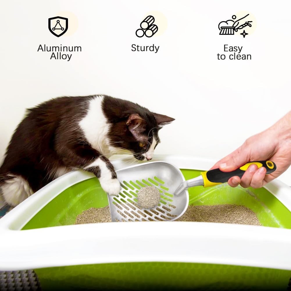 Cat Litter Scoop-Metal Cat Scooper-Long Handle Scoop,Cat Scooper-Poop Sifting-Mesh Shovel-Suitable for Cat Litter Box, (Yellow)