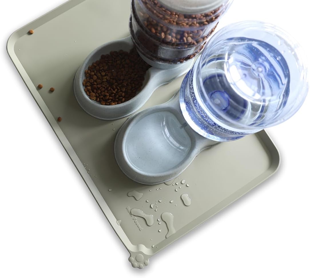 Hoki Found Large Silicone Non Slip Pet Food Mats - Bowl Placemats for Dog Cat - Waterproof - Cream Green