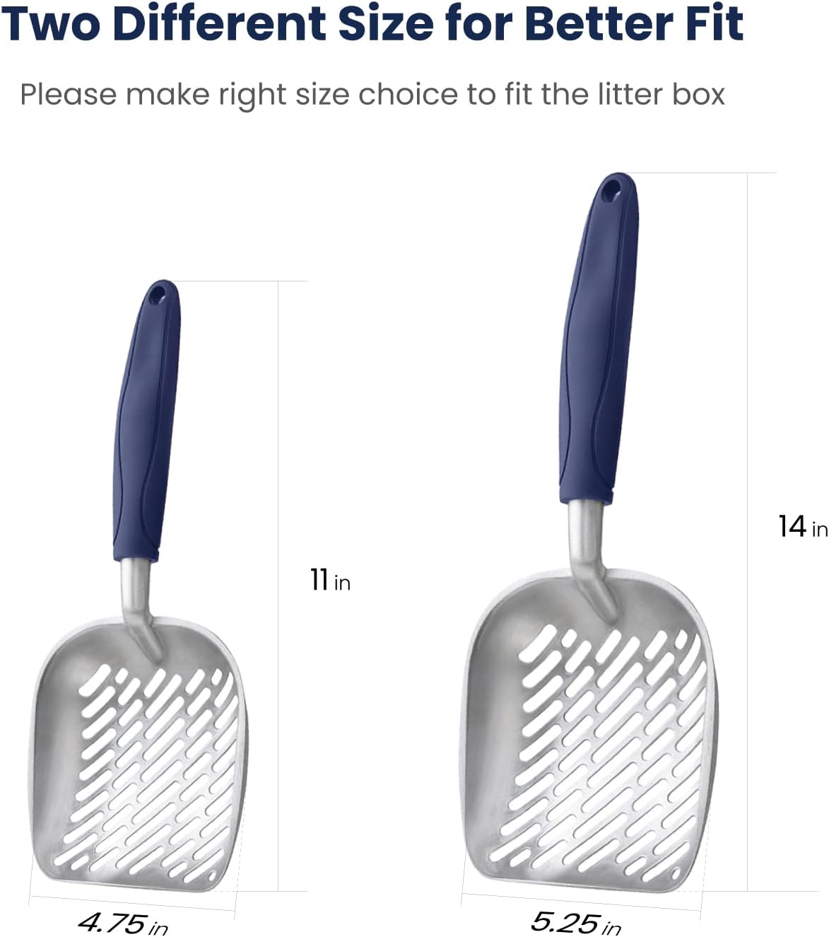 WePet Cat Litter Scoop, Aluminum Alloy Sifter, Kitty Metal Scooper, Deep Shovel with Diagonal Sifting Hole, Long Handle, Kitten Poop Lifter for Litter Box, Medium Size, Blue Handle