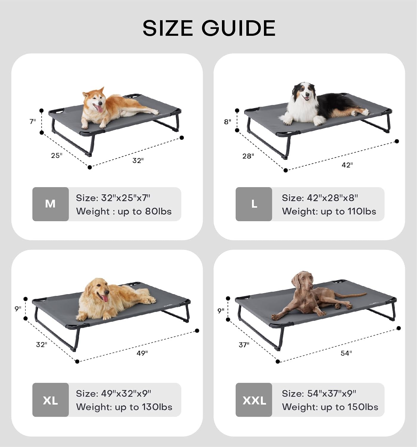 Made4Pets Raised Dog Bed for XXL Dogs - Outdoor Elevated Pet Cot with Snap-in Legs, Washable Mesh, Non-Slip Feet, Durable & Chew-Resistant Hammock Bed, Indoor & Outdoor Use, 54"x37", Gray
