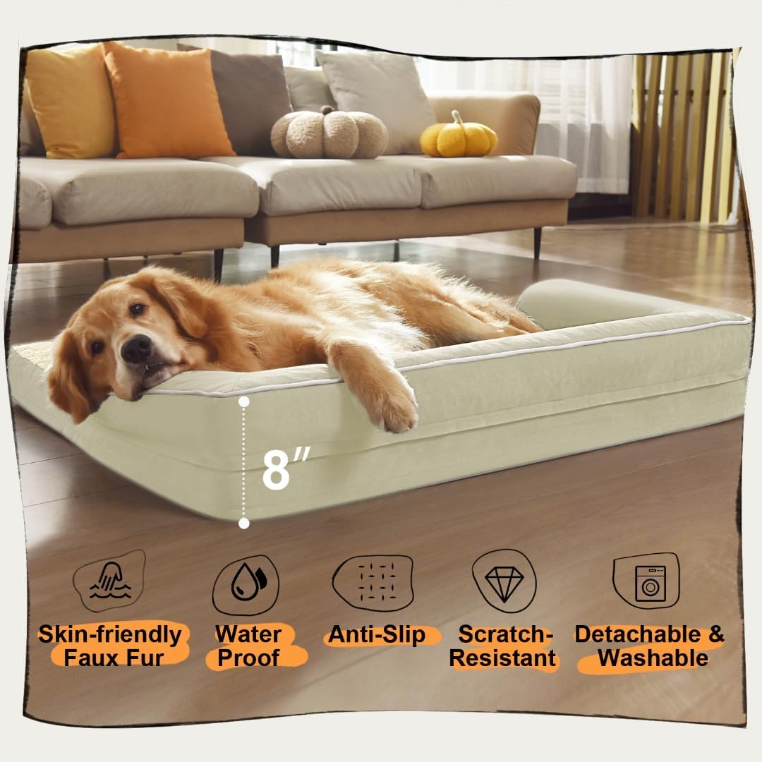 Extra Large Dog Bed-Orthopedic Waterproof XL Dog Bed for XLarge Extra Big Dogs - Foam Couch Sofa Washable with Removable Cover-Beige
