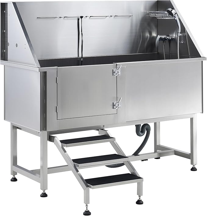 Albott 60 Inch Stainless Steel Dog Washing Station with Anti-Slip Steps, Sprayer, Faucet, Soap Box, Tow Rope – Professional Pet Bathtub for Large Pets, Ideal for Home, Garage, and Grooming(Left)