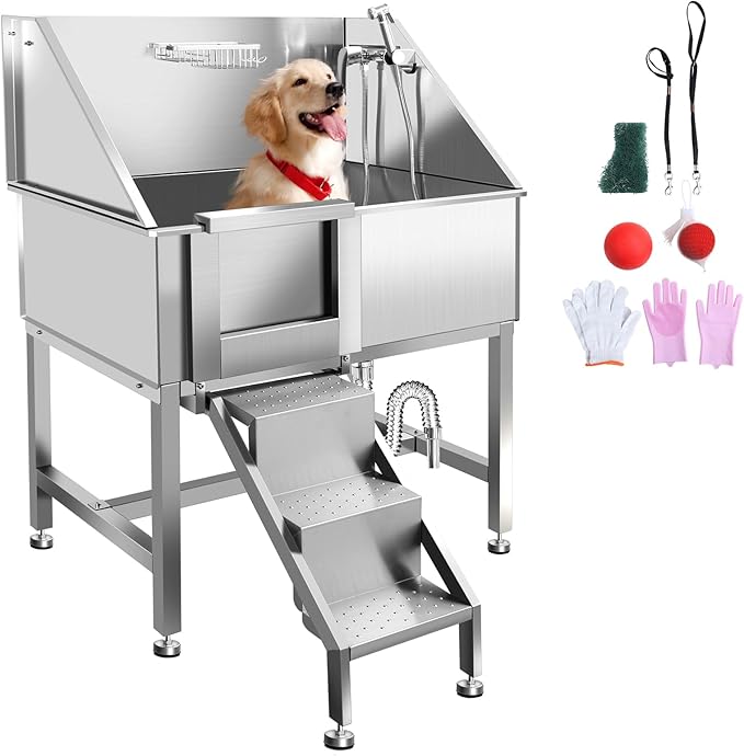 38" Pet Dog Bathing Station W/Ramp, Professional Stainless Steel Dog Grooming Tub W/Floor Grate, Faucet, Dog Bathtub for Large,Medium, Small Pets, Washing Sink for Home,L-RAMP