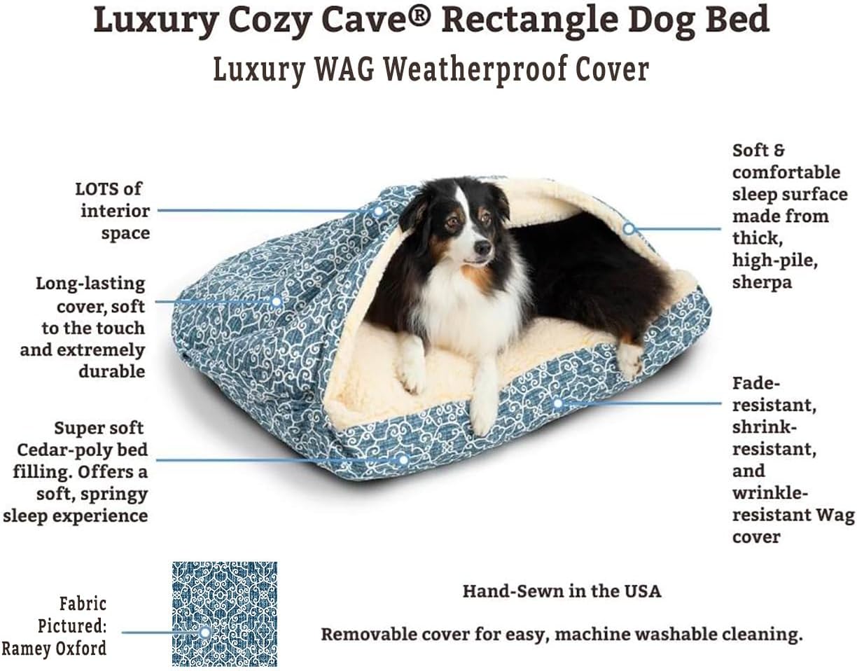 Snoozer Luxury Rectangle Cozy Cave Dog Bed - Indoor Dog Bed with Cover Cave, Covered Calming Burrow for Medium & Large Sized Pets with Blanket Attached, Enclosed, Washable - Large, Pedigree Denim