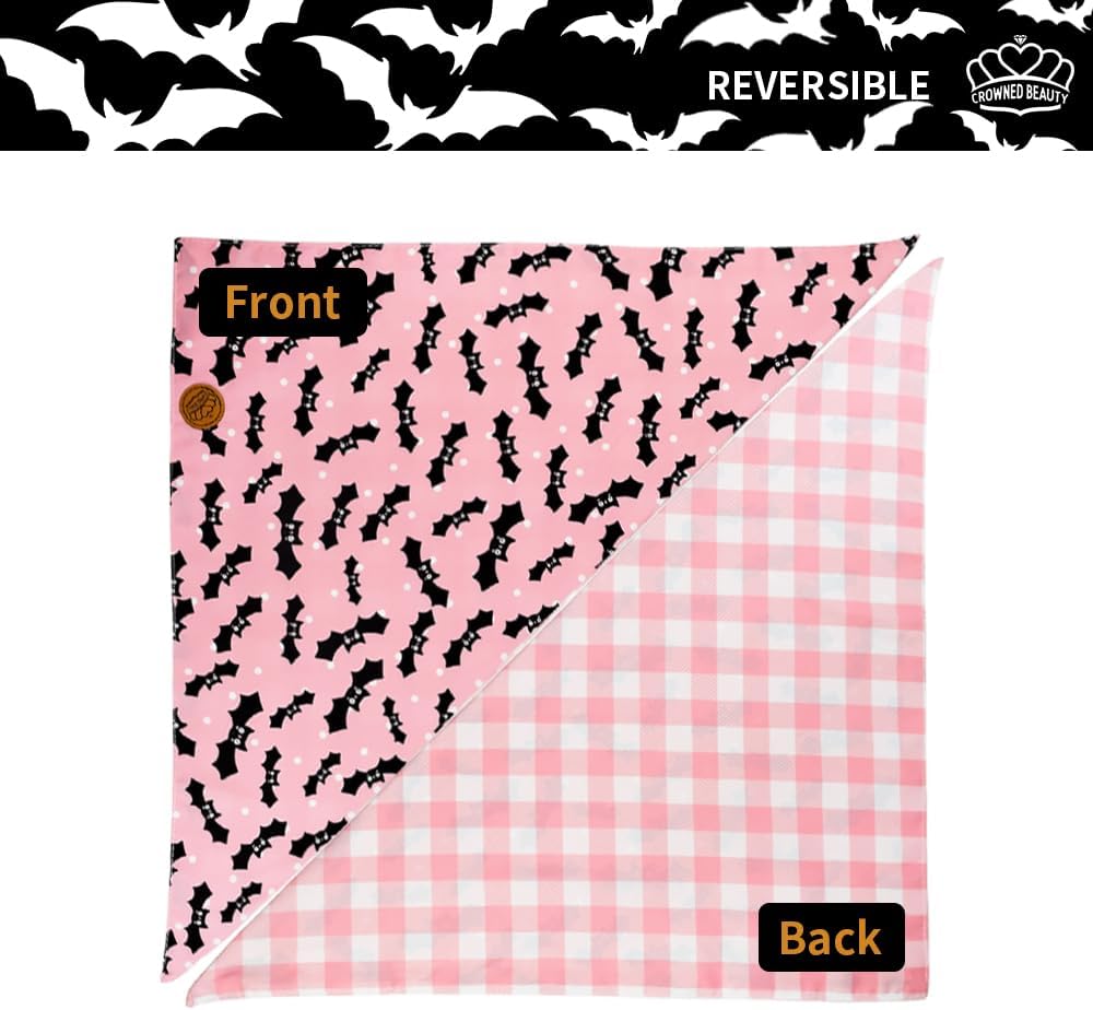 CROWNED BEAUTY Halloween Dog Bandanas Reversible Large 2 Pack, Ghost Bat Set, Buffalo Plaid Polka Dots Adjustable Triangle Scarves for Medium Large Extra Large Dogs Girl Boy Pets (Pink) DB76-L