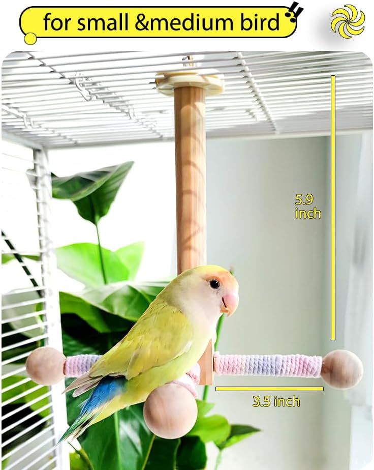 Bird Stand Perch Toy, 360° Rotating Natural Wooden Parrot Perch for Bird Cages, Colorful