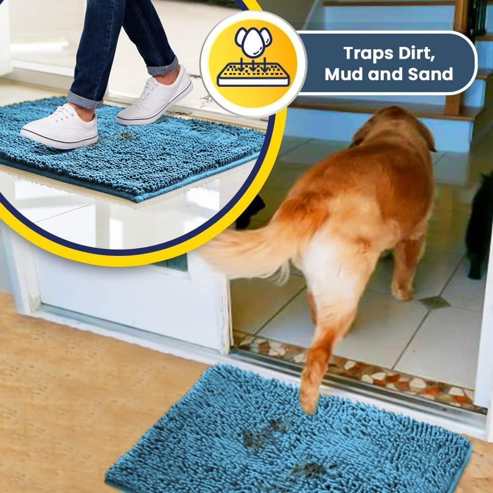 Muddy Mat® AS-SEEN-ON-TV Highly Absorbent Microfiber Door Mat and Pet Rug, Non Slip Thick Washable Area and Bath Mat Soft Chenille for Kitchen Bathroom Bedroom Indoor and Outdoor - Sky Blue 24" x 120"