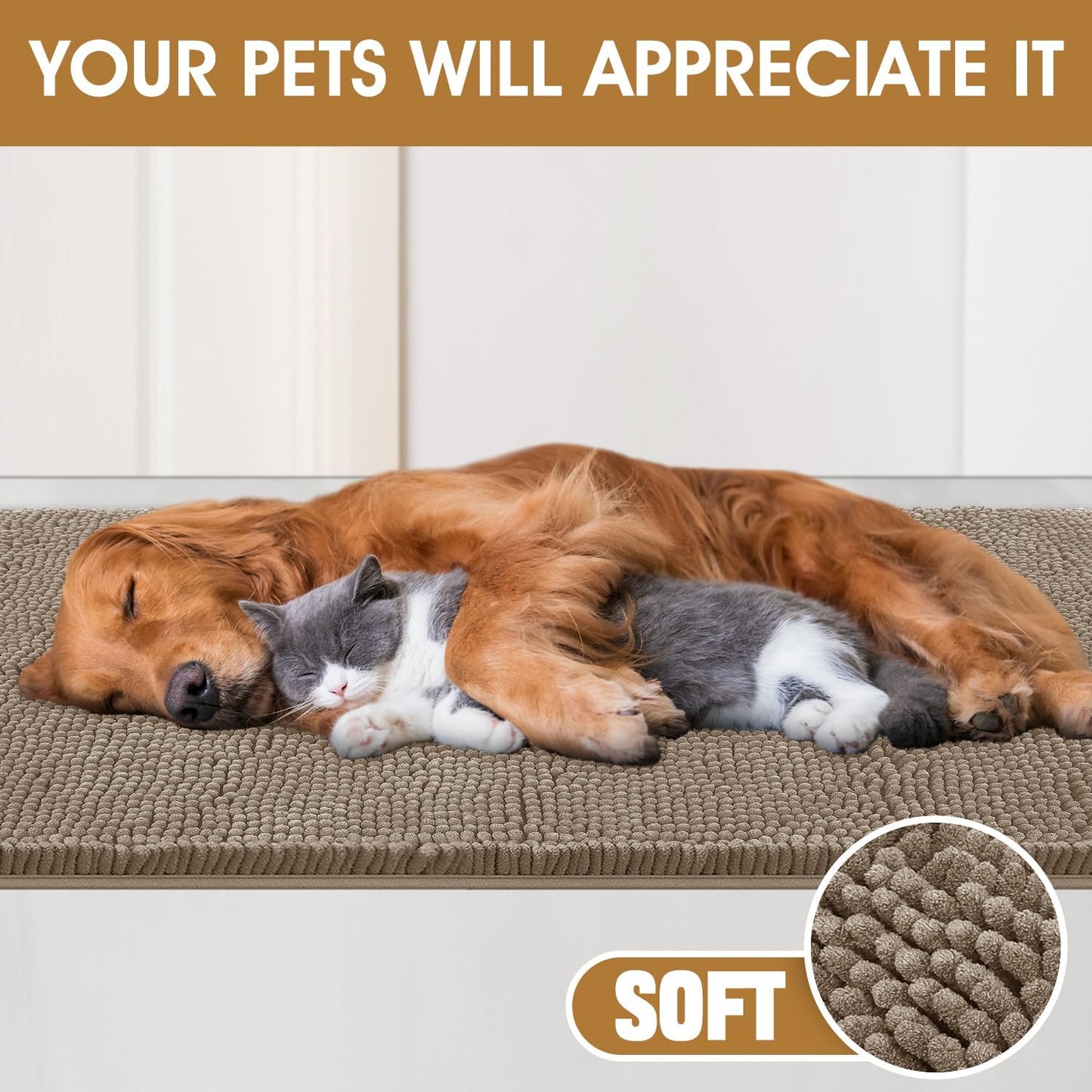 Dog Door Mats for Muddy Paws, Chenille Absorbent Dog Mats, Non Slip Heavy Mud Mat for Dogs, Soft Pet Mat for Entryway, Mud Paws, Inside Floor,48" x 38", Beige