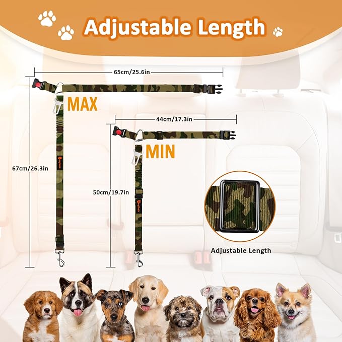 Removable Dog Seat Belt Harness for Car, 3 in 1 Pet Dog Car Seatbelt Leash, Retractable Restraint Secures to Vehicle Headrest & Adjustable Reflective Bungee Dog Seatbelt Tether, Camouflage