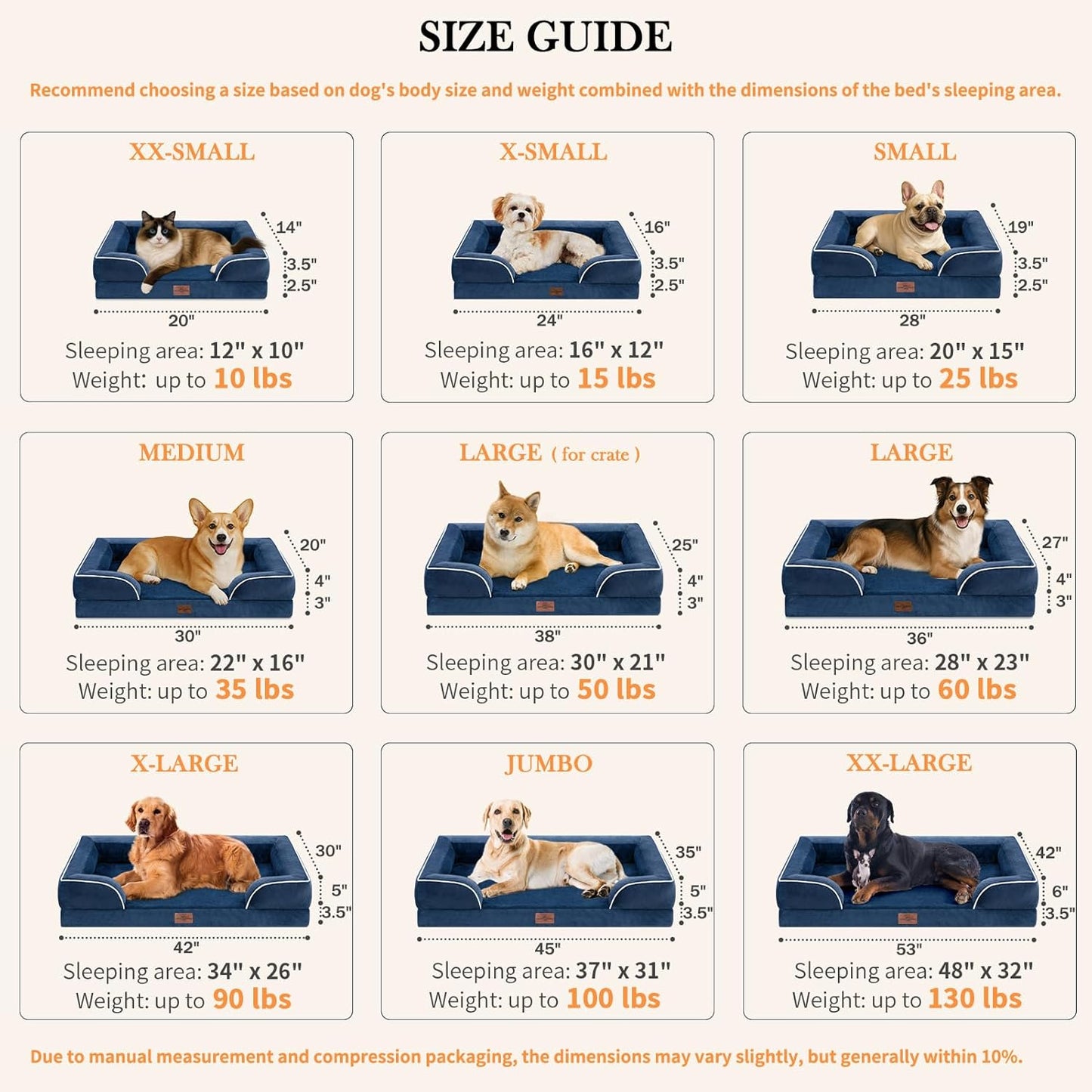 Comfort Expression Small Dog Beds Waterproof Orthopedic Foam Dog Sofa Beds for Small Dogs Comfy Pet Bed with Washable Removable Cover & Non-Slip Bottom(X-Small,Navy Blue)