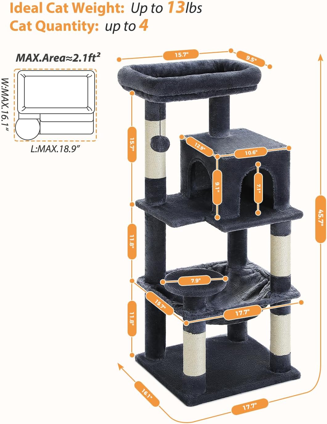 PETEPELA 45.7" Cat Tree for Indoor Cats, 5-Level Cat Tower for Large Cats with Metal Frame Large Hammock (17.3"x15.3"), Cat Condo with (18.5"x13") Big Top Perch & 4 Sisal Covered Scratching Post Dark