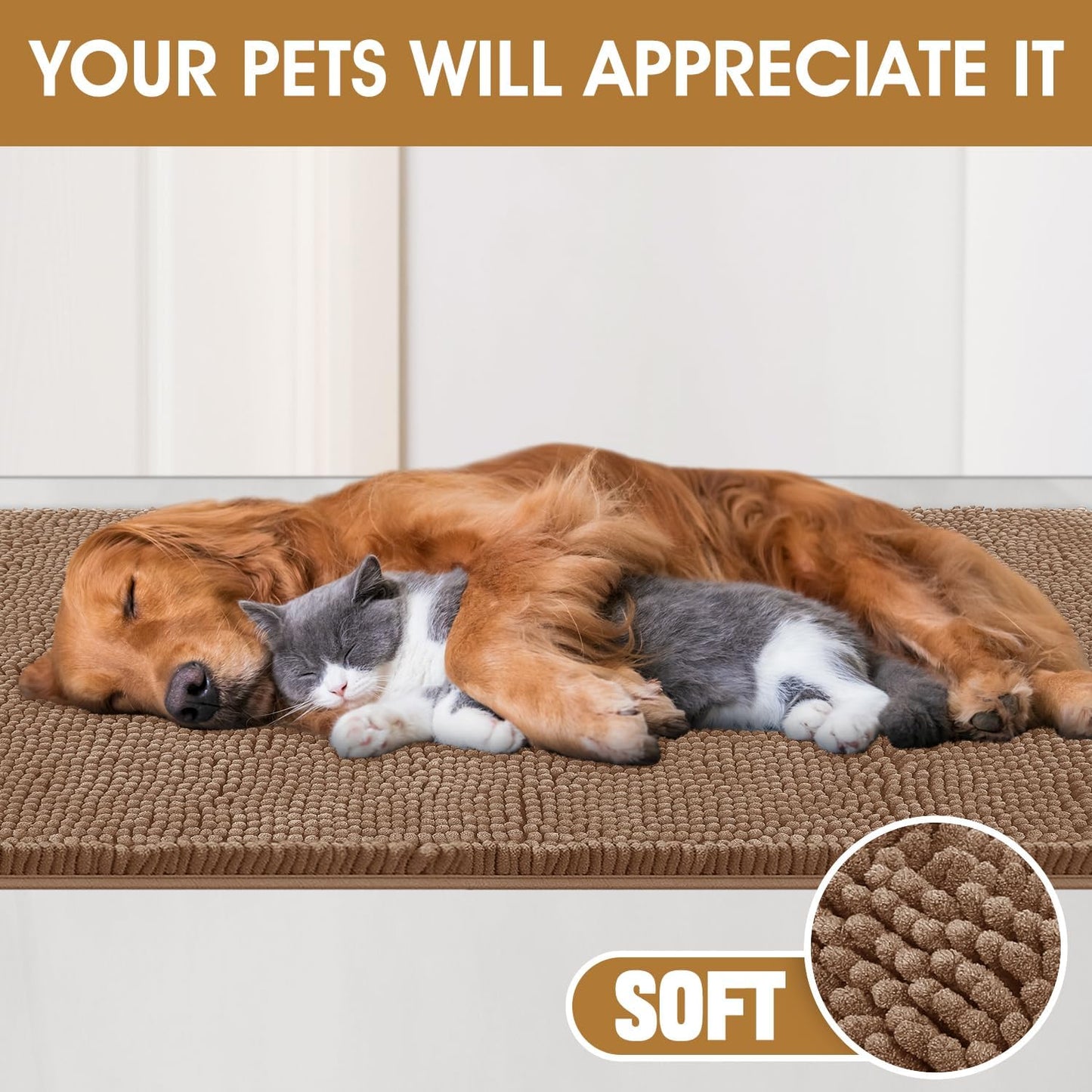 Dog Door Mats for Muddy Paws, Chenille Absorbent Dog Mats, Non Slip Heavy Mud Mat for Dogs, Soft Pet Mat for Entryway, Mud Paws, Inside Floor,48" x 38", Camel