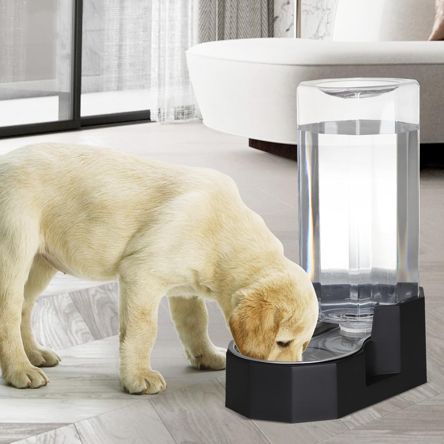 Sfozstra Large Dog Water Dispenser: 9L Automatic Black Water Feeder with Stainless Steel Bowl - Without Filter - Gravity Design for Multiple Pets Indoor/Outdoor