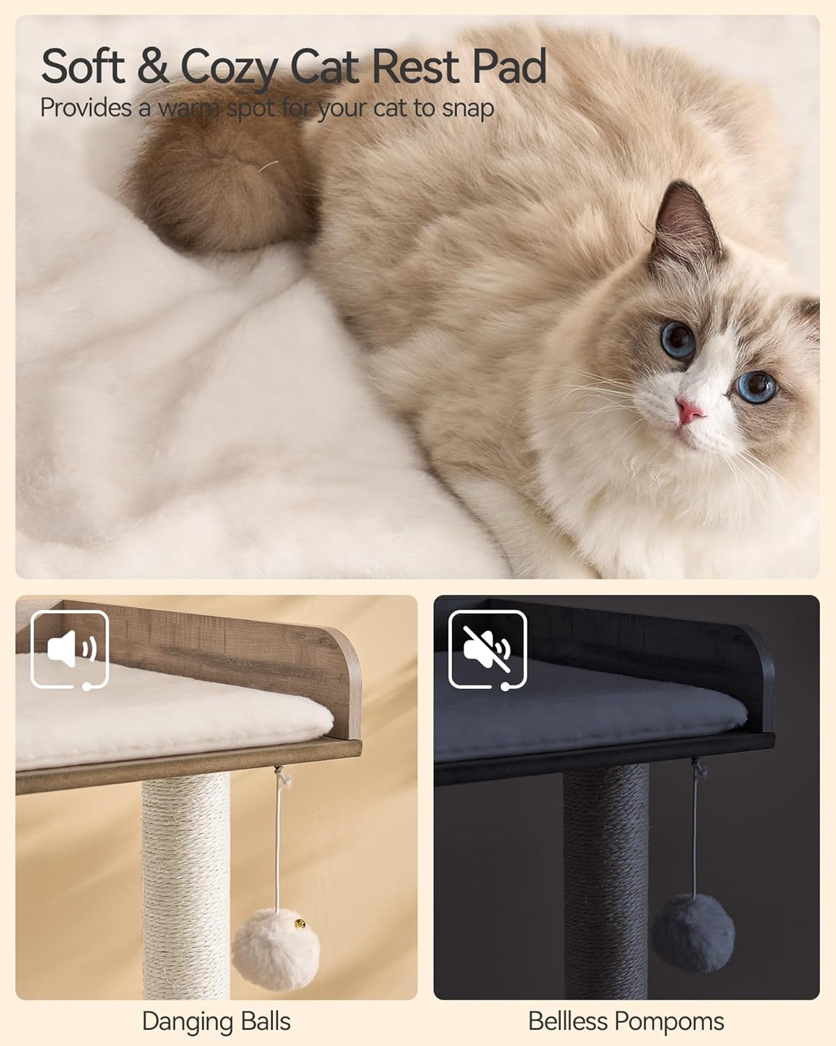 FourFurPets 43.7" Cat Tree, Modern Cat Tree Tower, Cat Tower for Indoor Cats Large Adult, Cat Condo with Scratching Post, Large Perch and Removable Pads, Greige