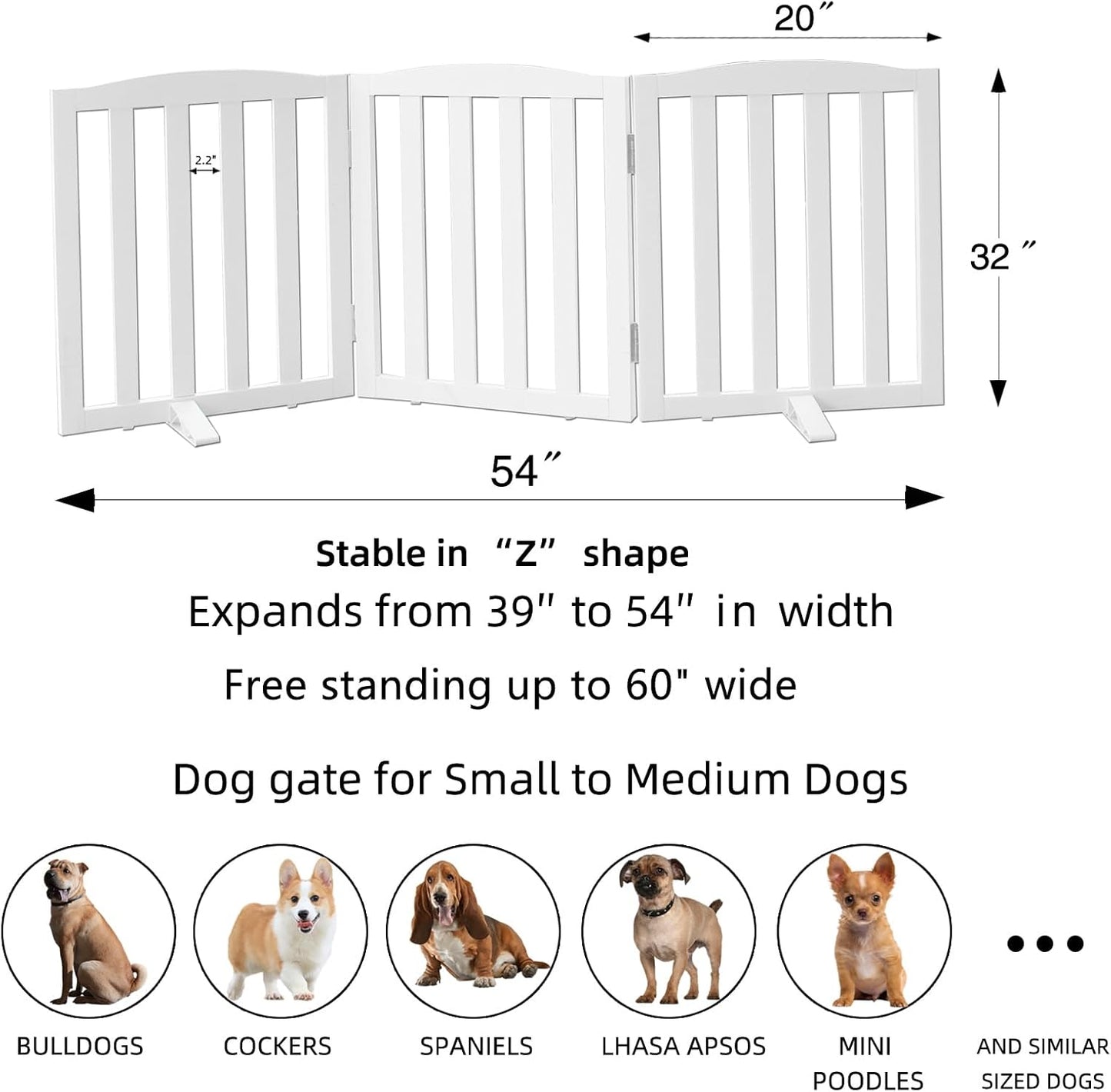 ZJSF Foldable Freestanding Indoor Dog Gate for House Wood White Long Pet Gates Dog Fence for Stairs Puppy Gates for Hallways,Pet Fence, Puppy Gate,Support Feet Included 32 "Height-3 Panels