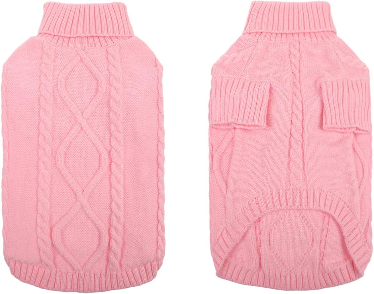 Queenmore Small Dog Pullover Sweater, Cold Weather Cable Knitwear, Classic Turtleneck Thick Warm Clothes for Chihuahua, Bulldog, Dachshund, Pug, Yorkie (Pink, X-Small)