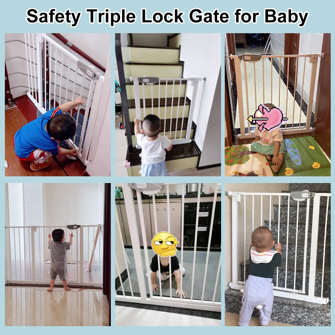 WAOWAO Triple Lock Baby Gate Extra Wide 86.22-90.55" Pressure Mounted Walk Through Swing Auto Close Safety Black Metal Dog Pet Puppy Cat for Stairs,Doorways,Kitchen