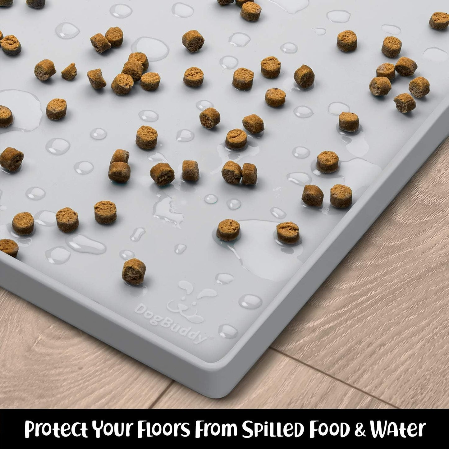 DogBuddy Dog Food Mat – Waterproof Dog Bowl Mat for Food and Water, Silicone Pet Feeding Mats for Floors, Non-Slip Placemat with High Edges for Dogs Bowls, Puppy Essentials (XL: 28" x 18", Mist)