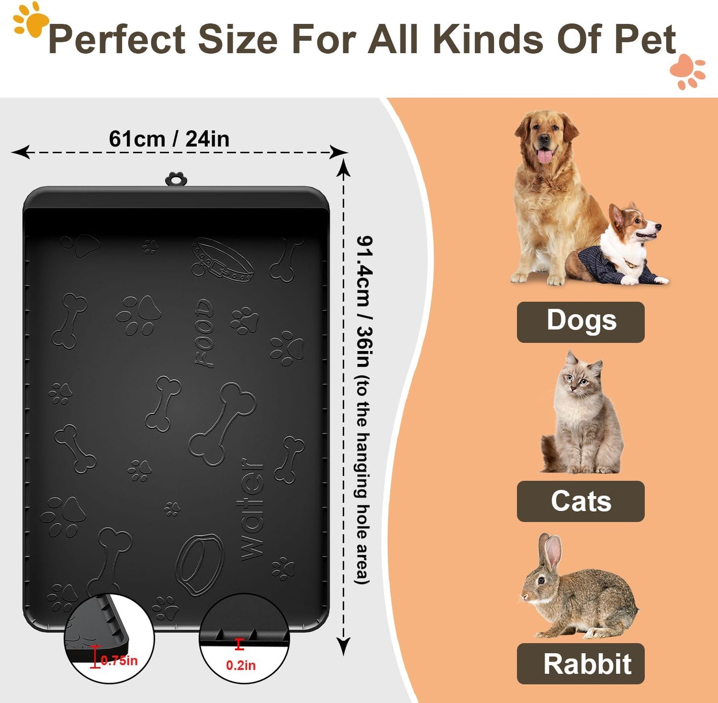 Dog Food Mat - Silicone Dog Mat for Food and Water - 36" x 24" Large Pet Feeding Mats with Residue Collection Pocket - Waterproof Cat Bowl Mat with High Edges to Prevent Water Food Spills (Black)