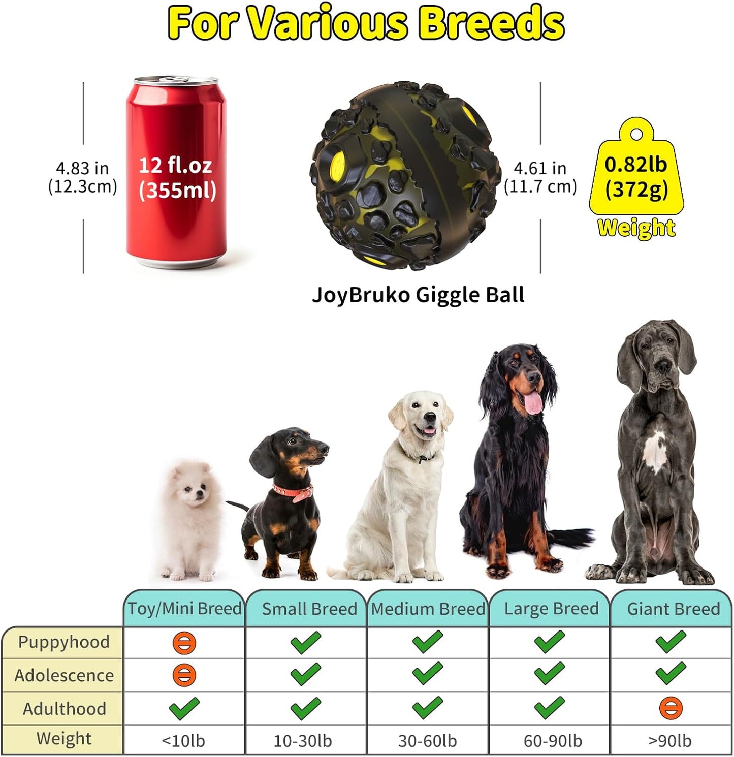 Dog Ball for Aggressive Chewers - Interactive Dog Toy Balls Fun Squeaky Sound to Keep Them Busy, Durable for Small Medium Large Breeds, Rubber Pet Chew Toys, As Seen on TV, Black & Yellow