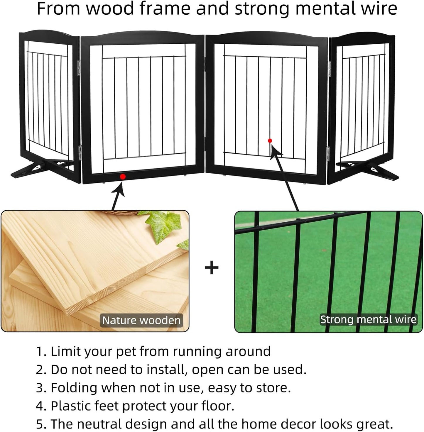 ZJSF Freestanding Dog Fence Indoor, Foldable Dog Gate for Doorways, Stairs or Hallways, Sturdy Wood Extra Wide Pet Gate with Support Feet for The House, Black, 32 "Height-4 Panels