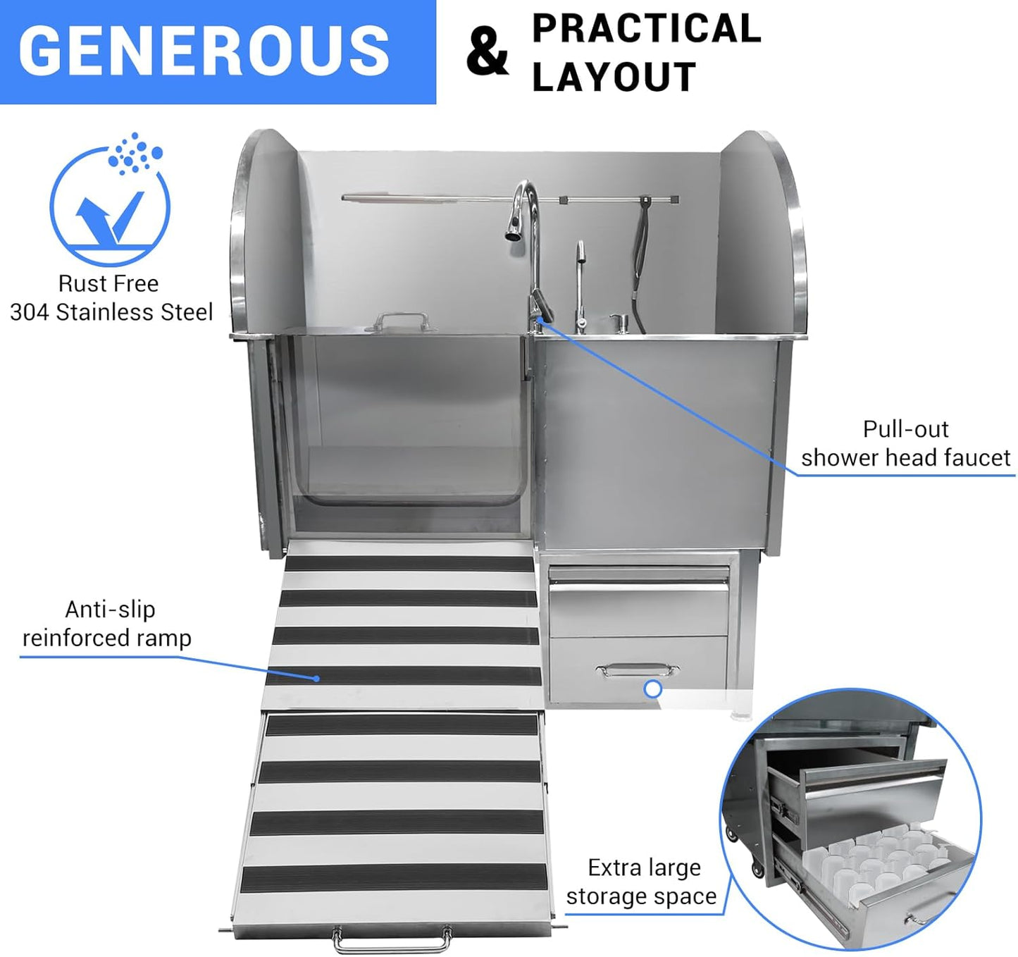 Professional Dog Grooming Tub, 38" Stainless Steel Dog Wash Station with Ramp, Storage Drawer, Floor Grate & Faucet/Dog Bathtub for Large, Medium & Small Pets, Left Door