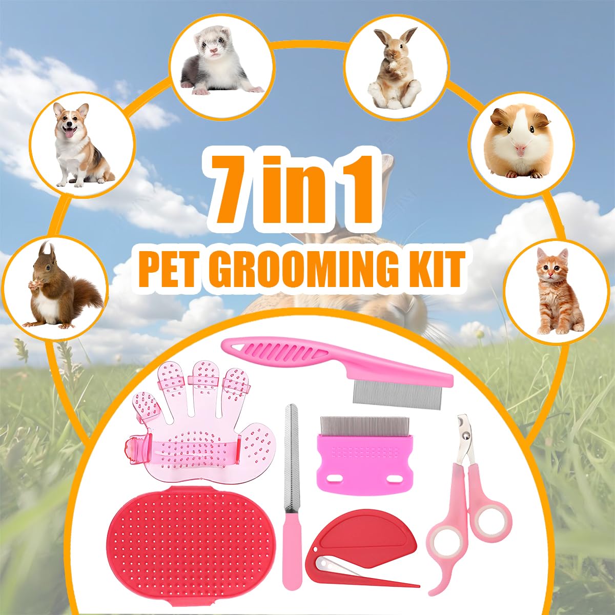 Rabbit Grooming Kit β Bunny Grooming Kit with Shedding Brush, Nail Clippers & Comb β Small Animal Grooming Supplies for Rabbits, Guinea Pigs, Hamsters, Ferrets - Small Pet Shedding & Care (Pink)