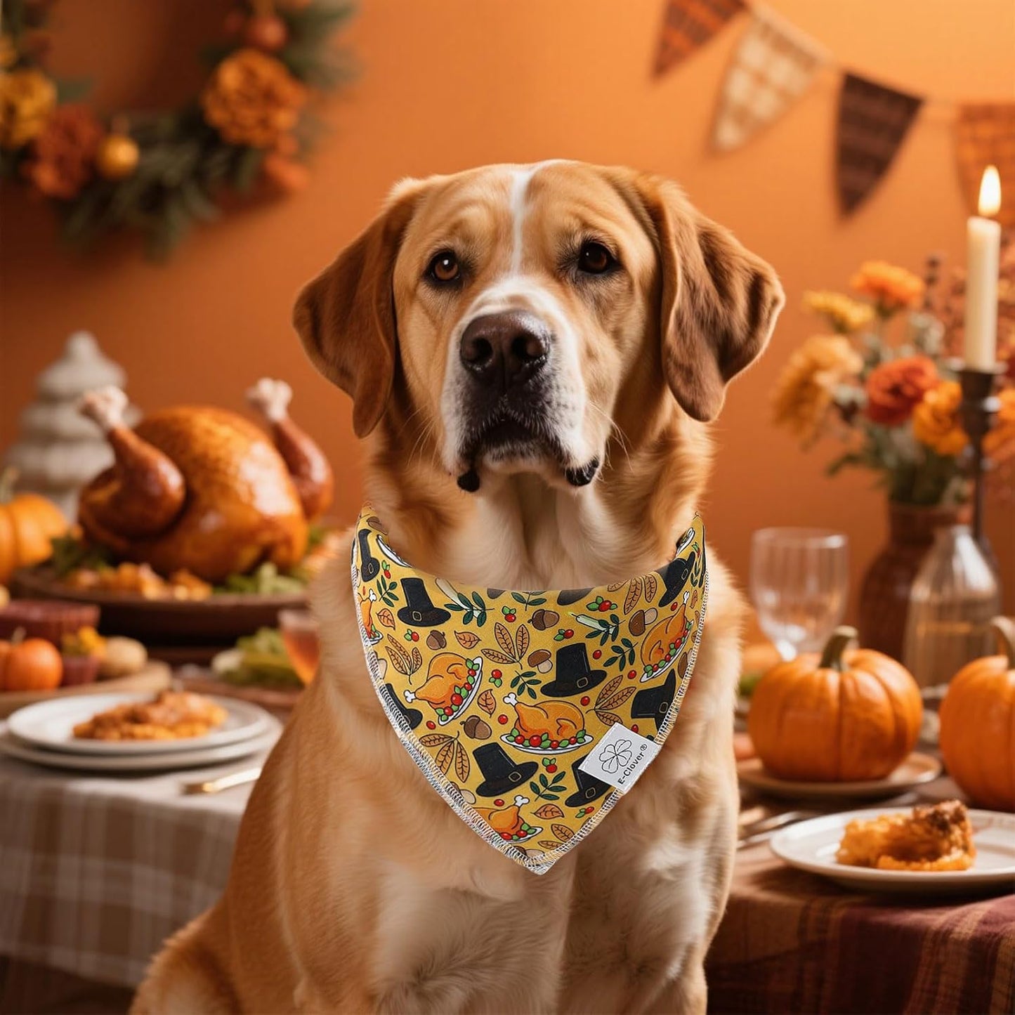E-Clover Thanksgiving Dog Bandanas & Matching Scrunchie Set Girl Fall Turkey Dog Scarf Bibs Pet Bandana with Bow Tie for Small Dogs Puppy Owner Mom Brown