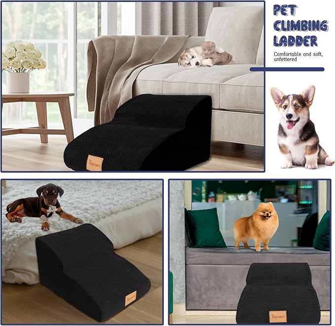 Topmart High Density Extended Foam Dog Ramp&Steps 2 Tiers,11.8" High,Non-Slip Dog Stairs,Soft Foam Pet Ladder with Waterproof Cover,Best for Injured,Older Cats,Pets with Joint Pain
