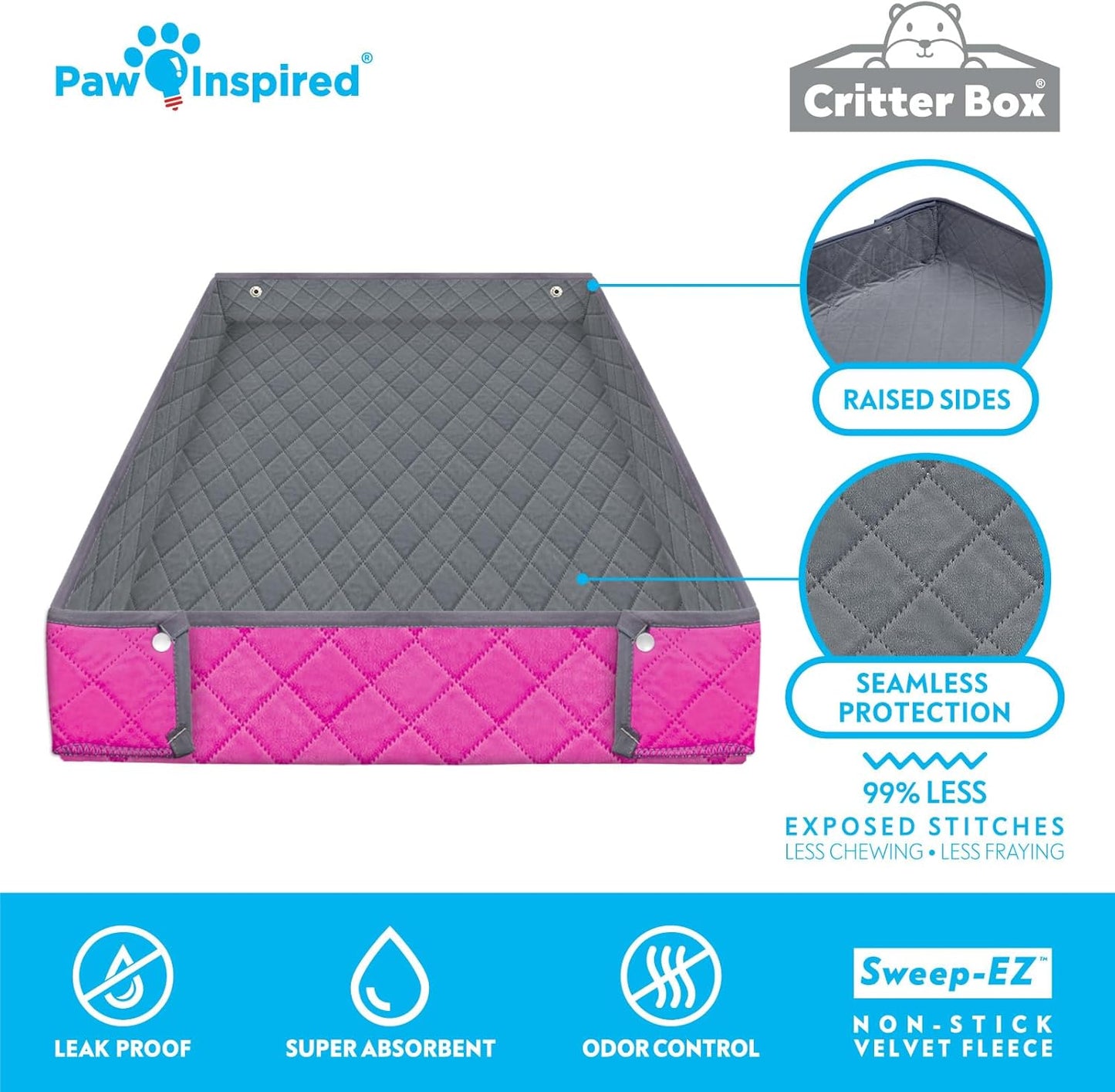 Paw Inspired Critter Box Washable Cage Liner, Reversible Fleece Bedding with Raised Sides for Guinea Pigs and Other Small Animals (2x4 (12" Grids), Gray/Pink)