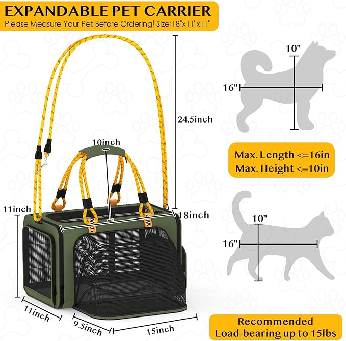 PAWZIDEA Expandable Pet Carrier w/ID Card, 18x11x11 in Small Dog Carrier TSA Airline Approved, Top Load Cat Carrier for 2 Cats Under Seat, Soft-Sided Collapsible Puppy Car Seat Dog Travel Bag, Up 15lb