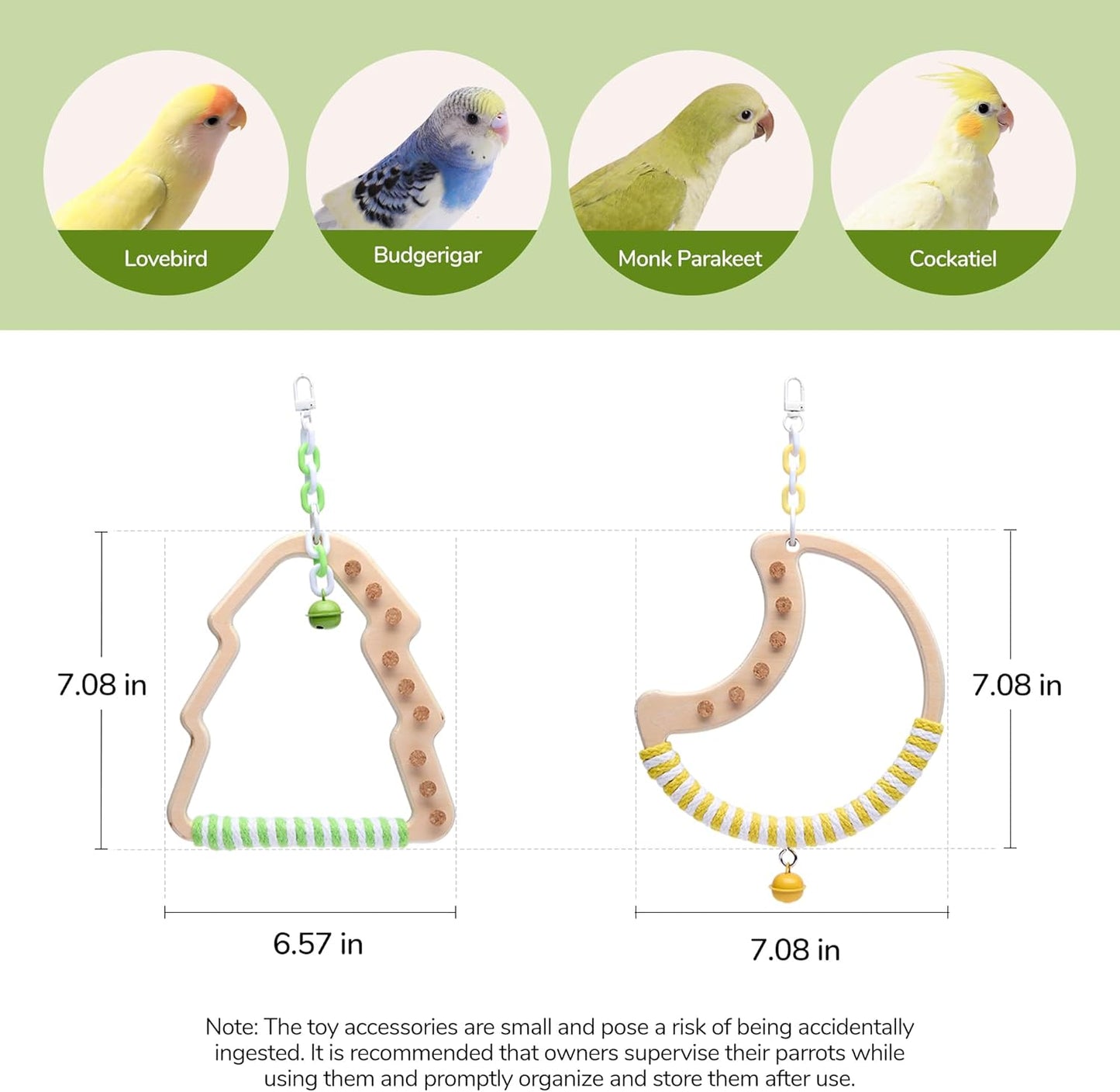 Natural Bird Swing - Moon-Shaped Parrot Perch with Bell and Cork Toys, Spinning Wooden Stand for Parakeets, Budgies, Lovebirds and Small/Medium Birds (White + Green)