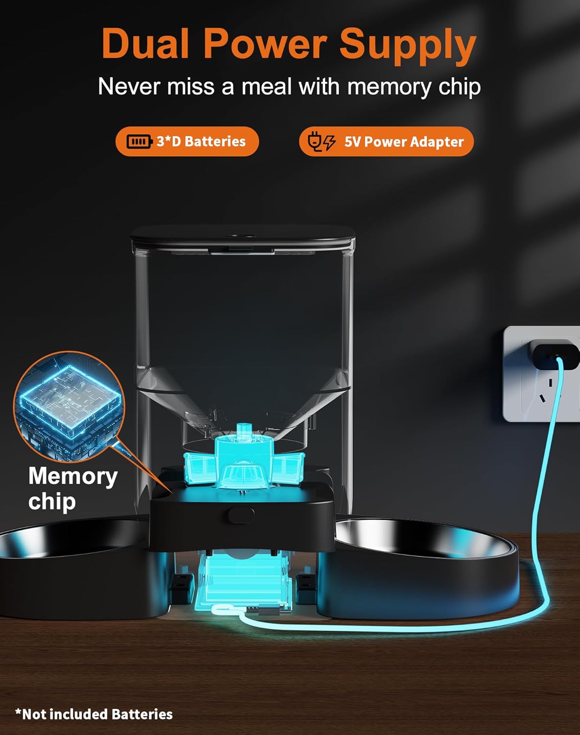 HoneyGuaridan Automatic Cat Feeder for Two Cats, 5G WiFi Smart Feed Pet Feeder with Stainless Steel Bowl,APP Control Dispenser, Dual Power Supply,Desiccant Bag,10s Meal Call Black