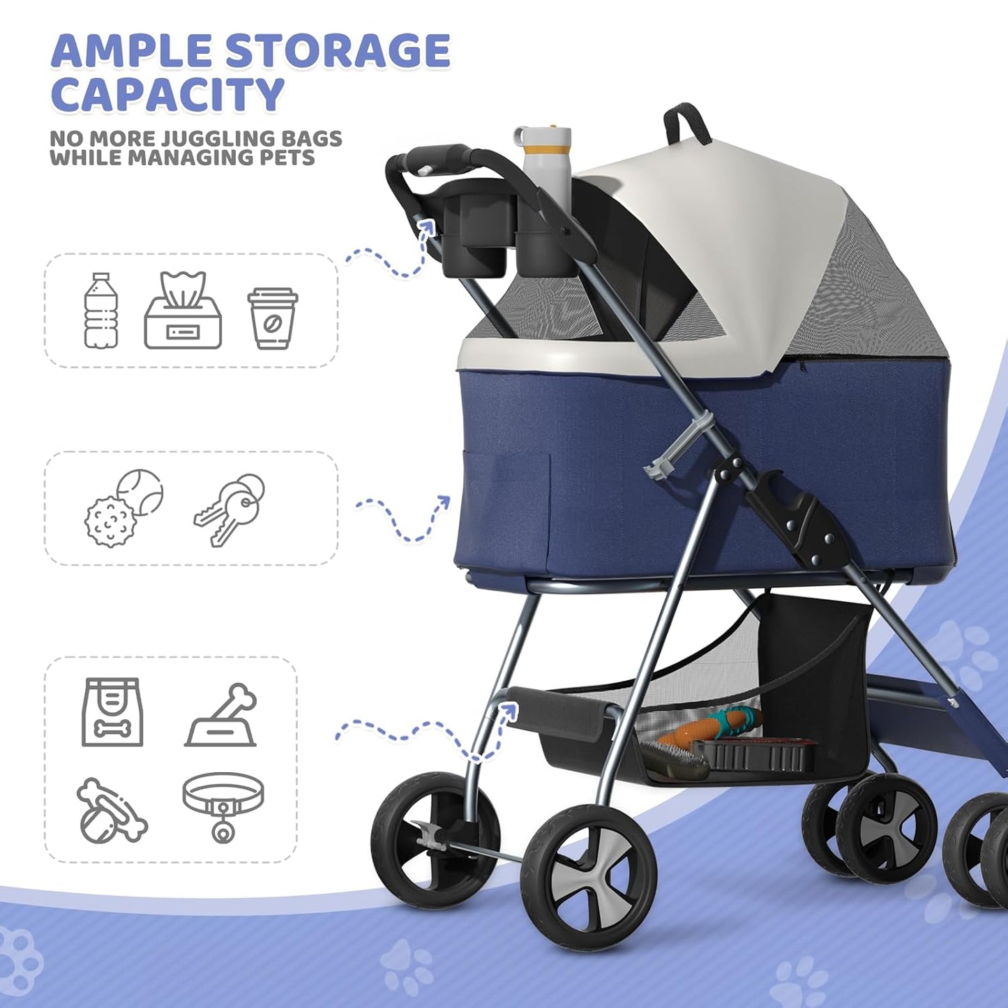 Magshion Foldable Pet Stroller, 3-in-1 Dog Travel Jogger with Detachable Carrier, Cup Holder, Storage Basket, Folding Carrier for Small/Medium Dogs & Cats Up to 33 lbs, Navy Blue
