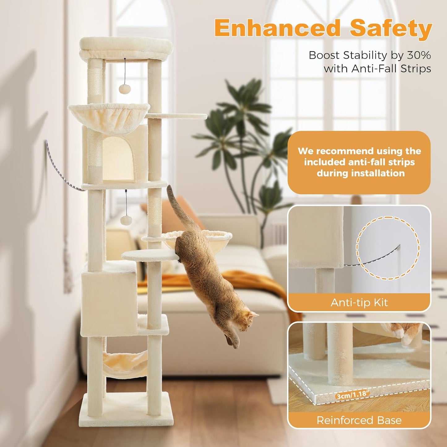 71.2" Tall Cat Tree for Indoor Cats - 9-Level Multi-Cat Tower w/5 Sisal Scratching Posts, 2 Condos, 3 Hammocks, Perch & Pom Poms - Heavy-Duty for Adult Cats, Space-Saving Plush Beige