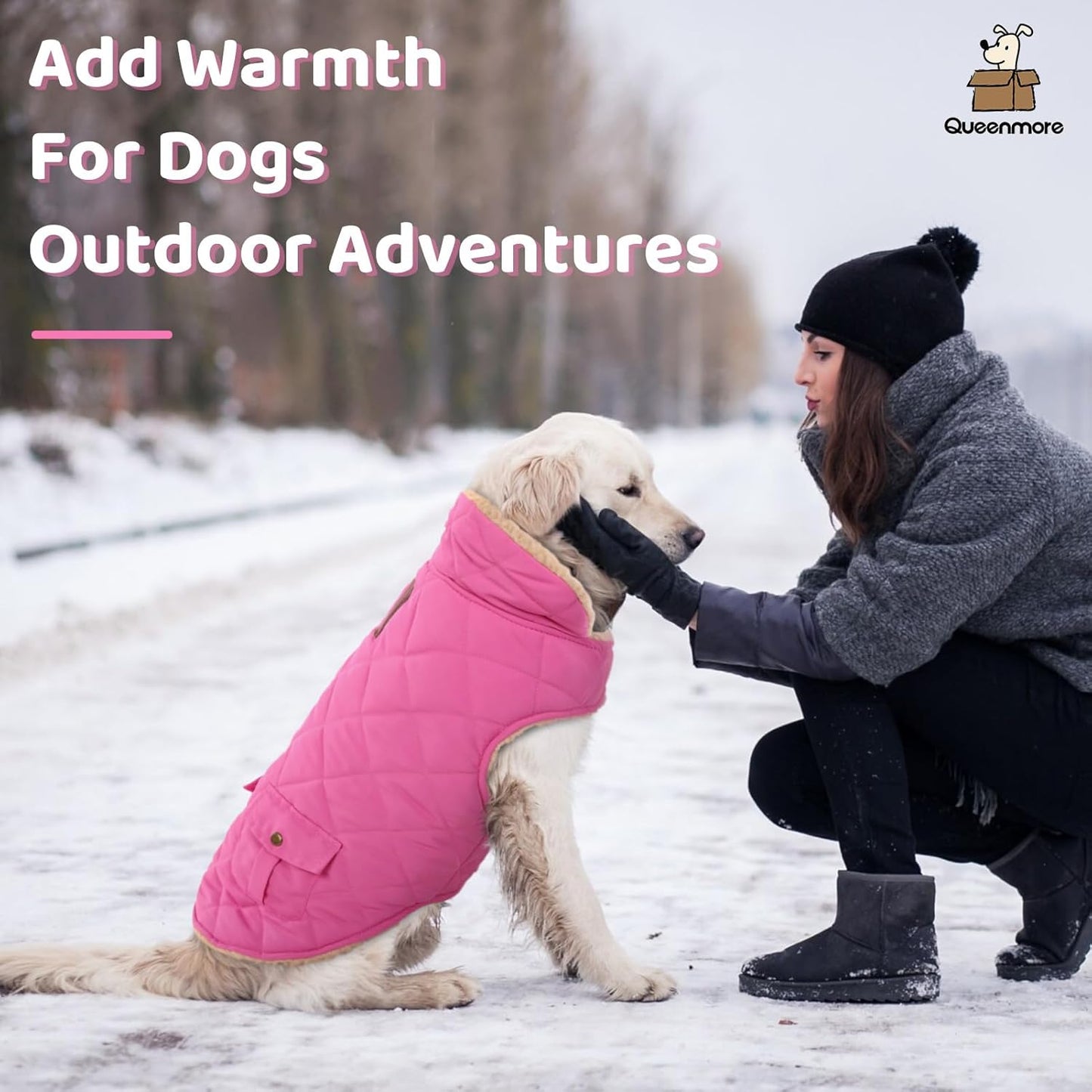 Queenmore Dog Winter Coat - Fleece Jacket, Waterproof Cold Weather Clothes, Thick Warm Cotton Padding, Easy On Storage Pockets (Pink, Medium)