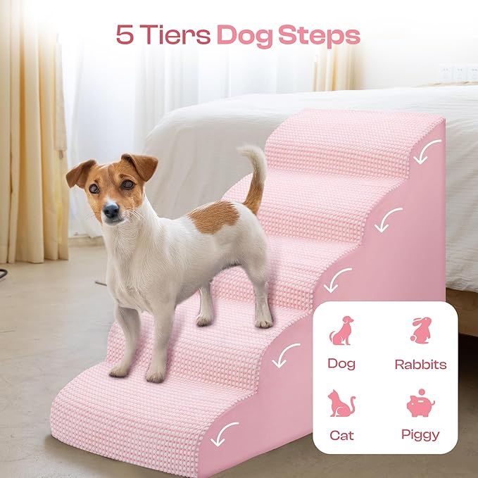 Curved Dog Stairs for High Bed Up to 26", 5-Step Dog Ramp for Small Dogs with Washable Cover, Non-Slip Steps for Cats to Get on Couch and Sofa, Durable Foam Ladder for Medium Breeds, White Pink