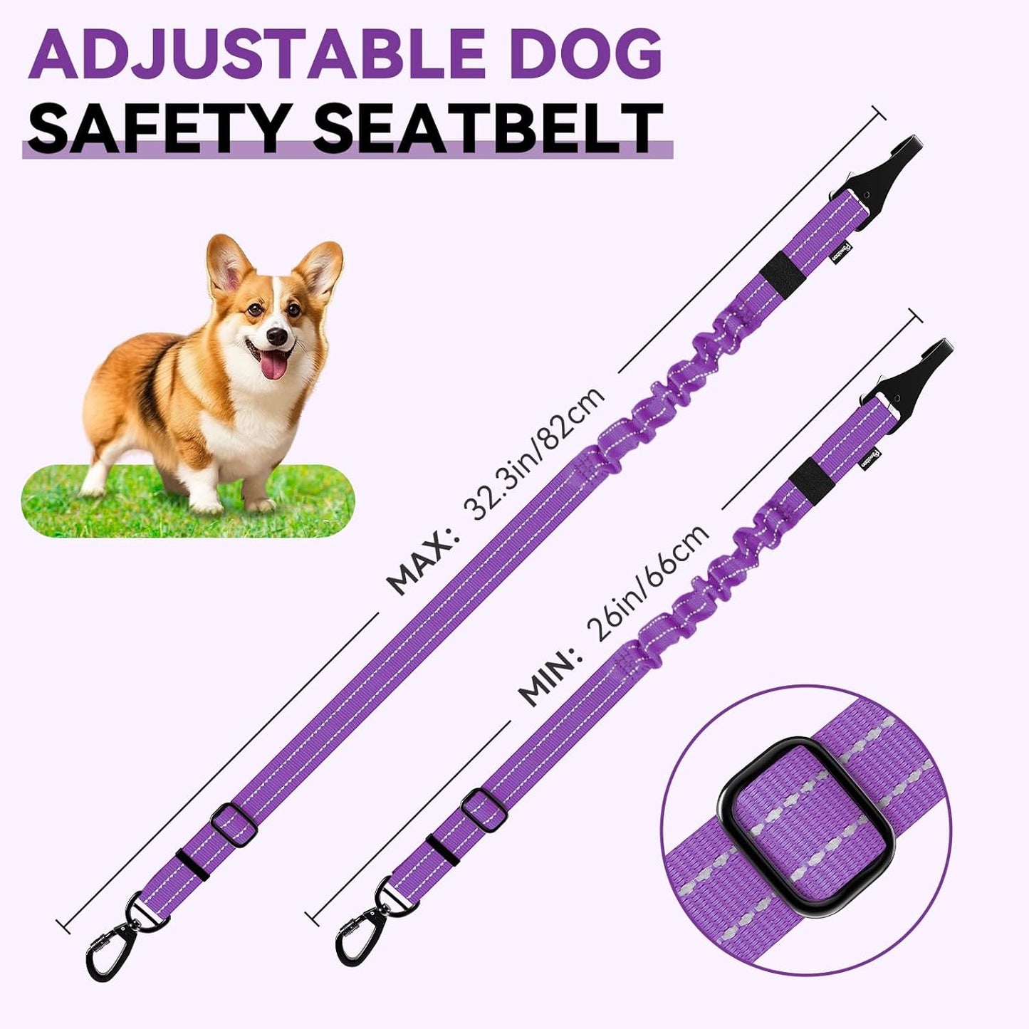 Pawaboo 2Pack Dog Seatbelt for Car, Dog Car Seat Belt Bungee, Shockproof Dog Tether for Car with Buckle & Hook Latch, Adjustable Reflective Dog Car Harness Leash with 360° Lockable Buckle, Purple