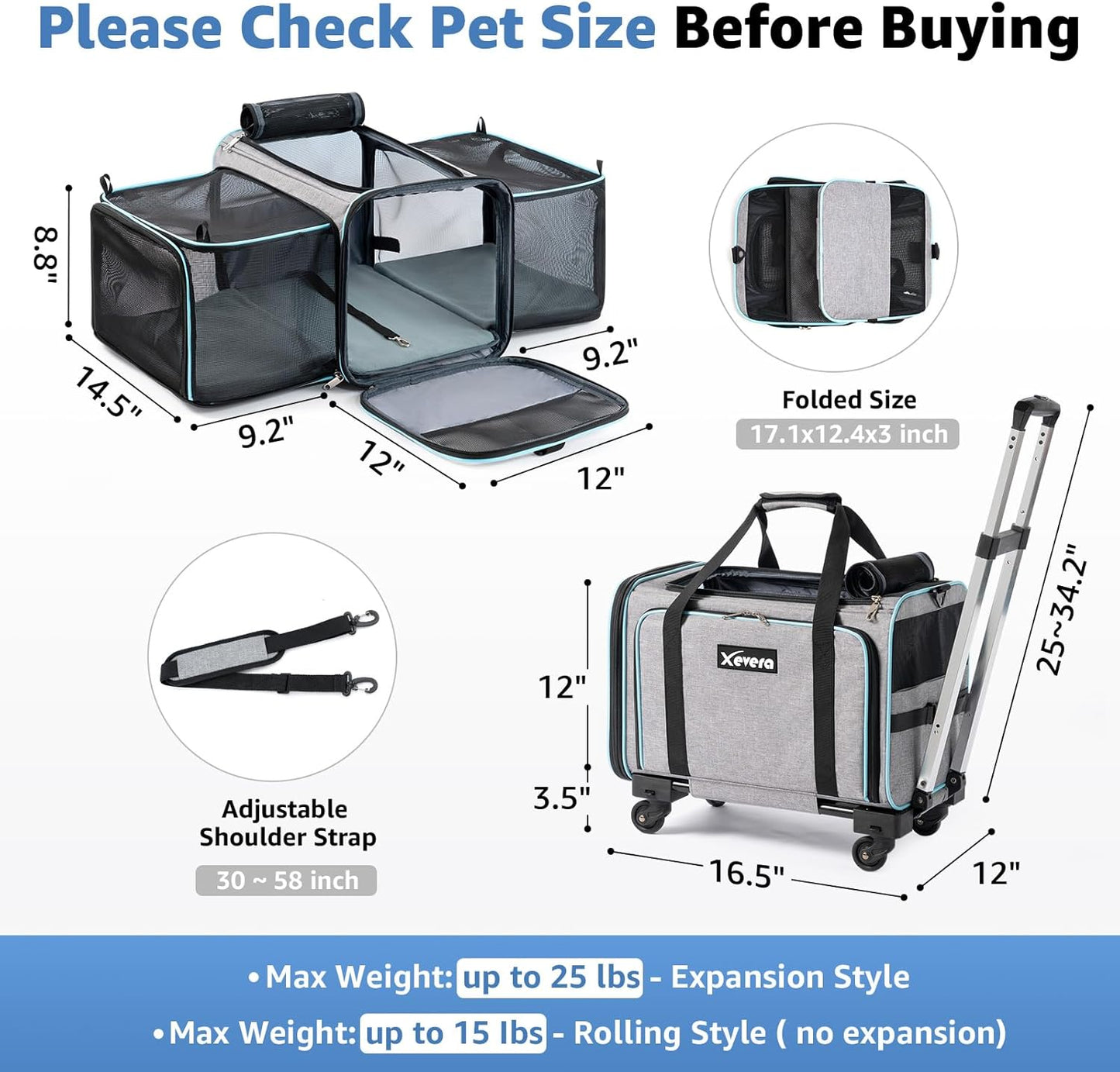 Cat Dog Carrier with Wheels, Expandable Rolling Soft-Sided Carrier for Small Cats and Dogs Under 25 LBS, Pet Carrier on Wheels with Locking Safety Zippers and Anti-Scratch Mesh (Grey)