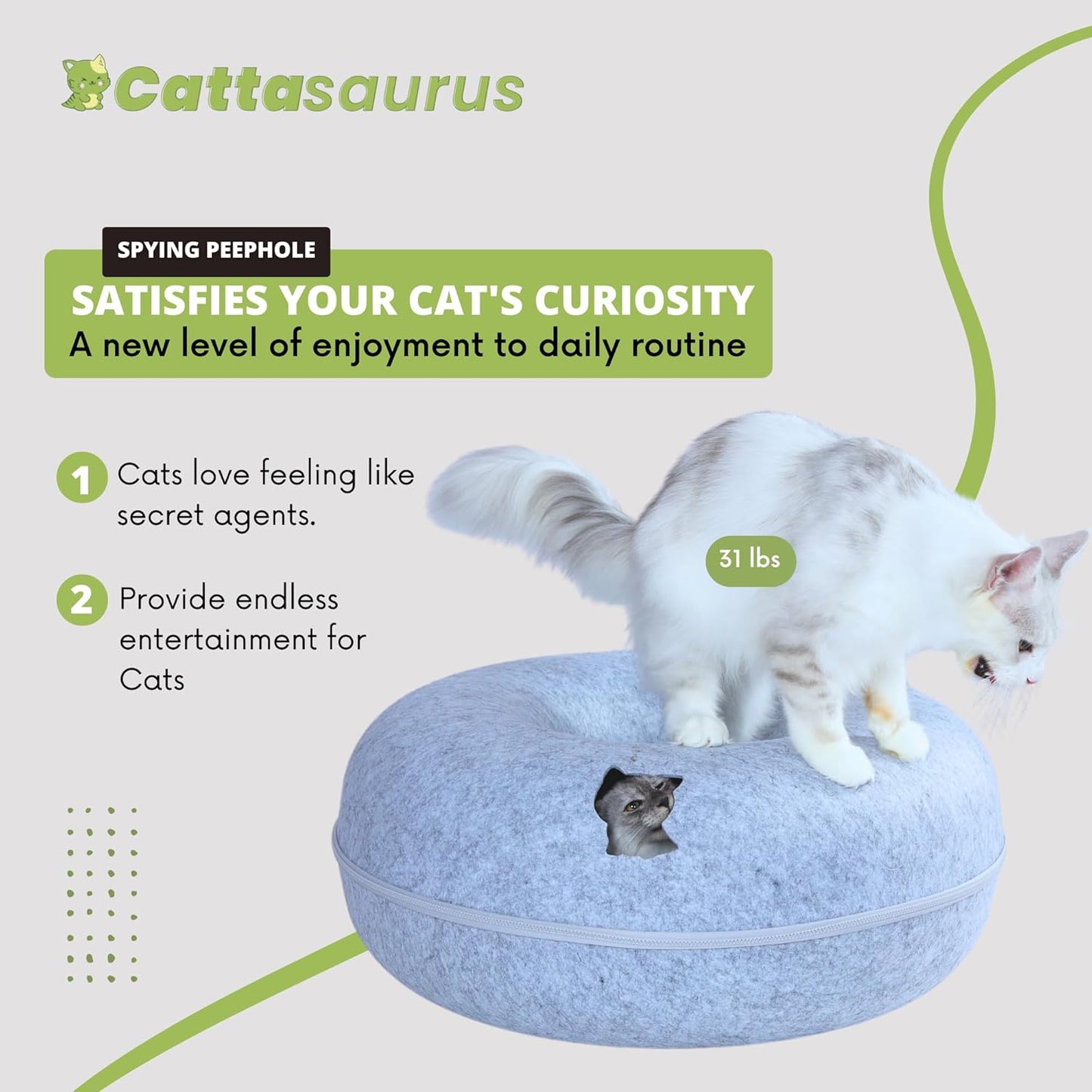 Cattasaurus Peekaboo Cat Cave, Extra Spacious for Multiple & Large Cats 12+ lbs, Scratch Detachable Beds for Indoor Cats, Washable Tunnel Bed, Comfy Cat Donut Tunnel (Light Gray+Light Gray, Jumbo)
