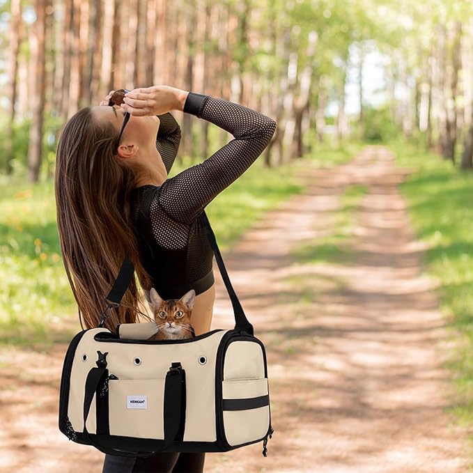 Pet Carrier Bag, Foldable Cat Bag Airline Approved, Soft-Sided Cat Travel Bag, Washable Dog Carrier Privacy Protection for Home Outdoor Travel(M, Brown)