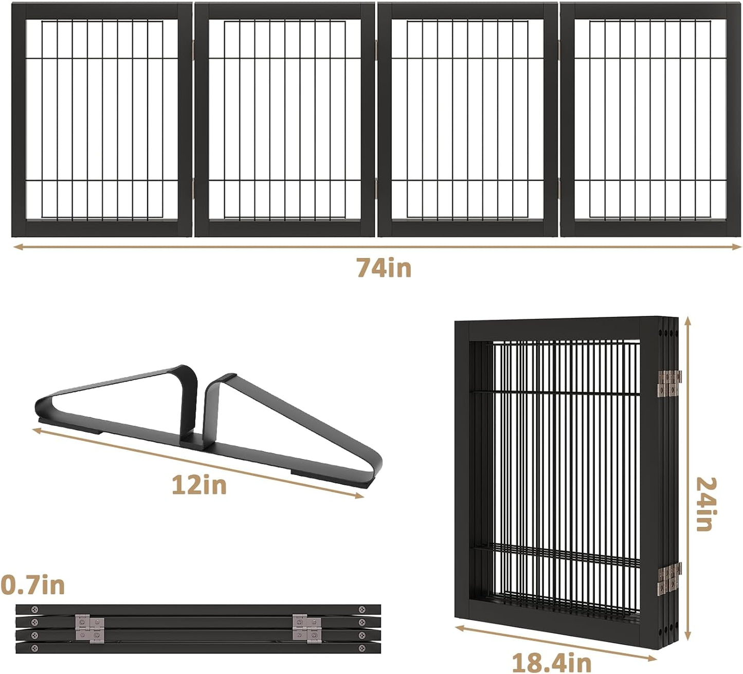Dog Gate Wire Dog Gates for House Doorways Stairs 24-Inch Freestanding Pet Gate Puppy Fences Indoor (4 Panel, Black)