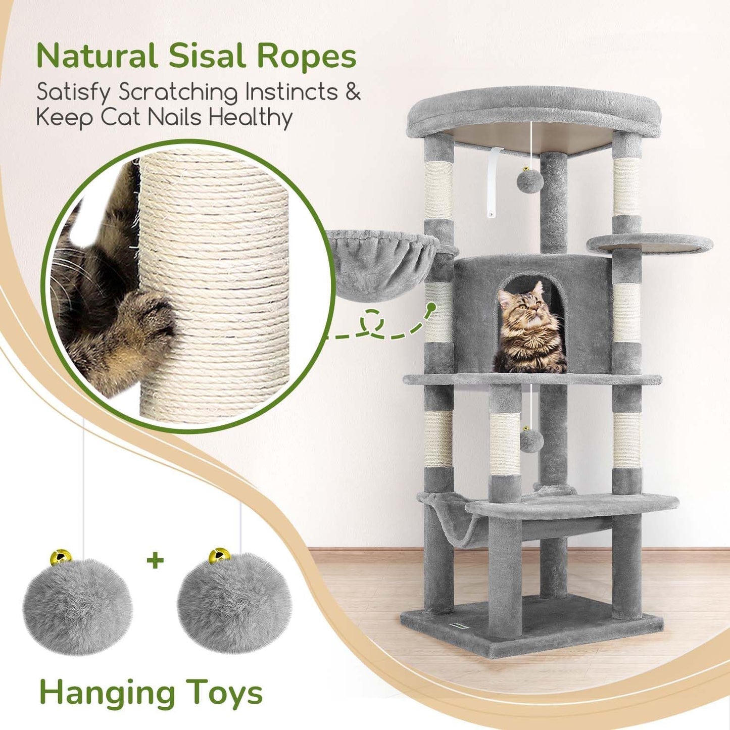 Globlazer Corner Cat Tree Tower for Indoor Cats, 51in Multi-Level Cat Condo Tower with Large Hammock, 7 Sisal Scratching Posts, Oversized Top Perch, Spacious Cat Cave, Hanging Basket, C51, Light Gray